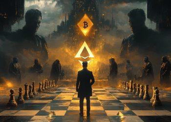 a giant chess board with cryptocurrency symbols as pieces, and Changpeng Zhao