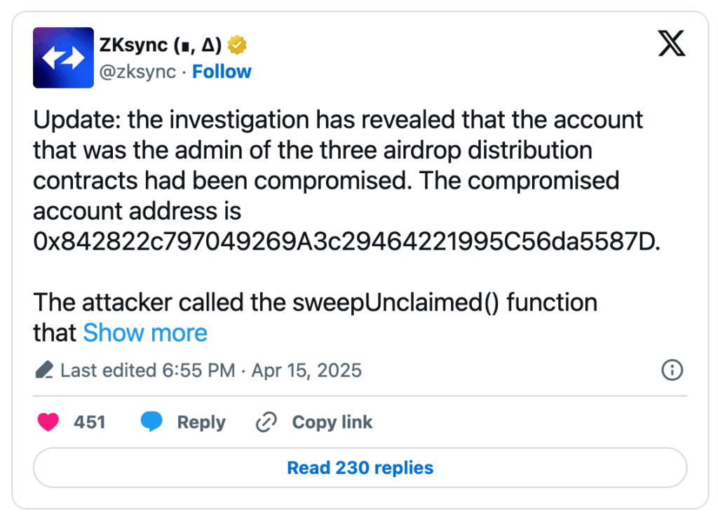 سرقت ۵ میلیون دلاری توکن ZKsync پس از هک کیف پول ادمین