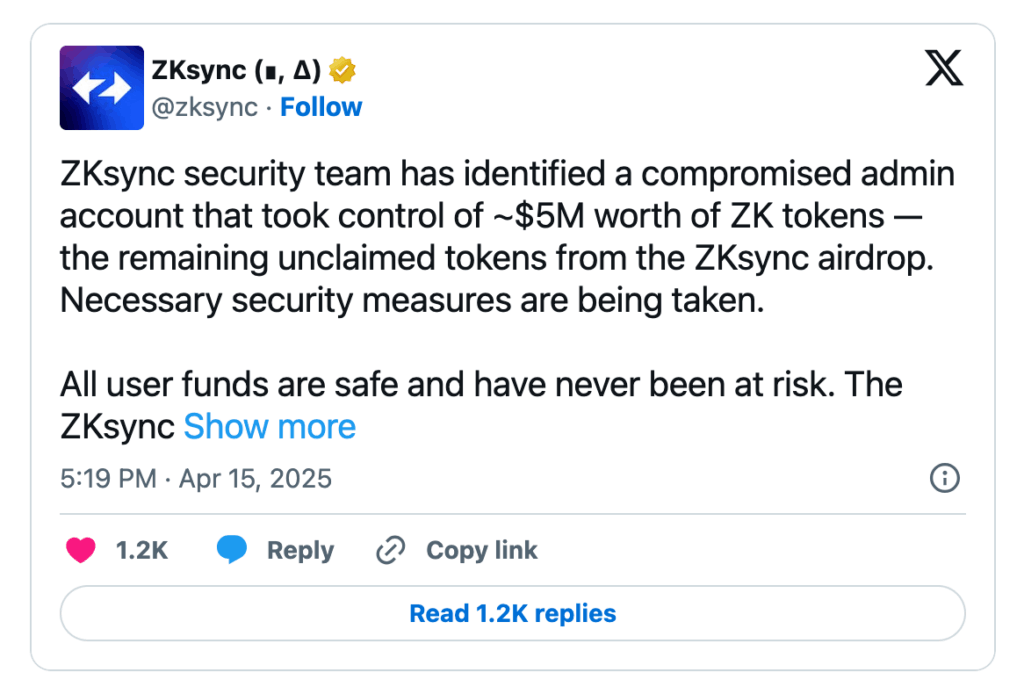 سرقت ۵ میلیون دلاری توکن ZKsync پس از هک کیف پول ادمین