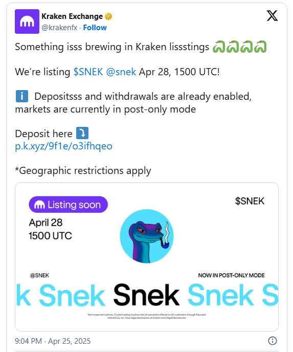 لیست شدن Snek در کراکن / لحظه&zwnj;ای مهم برای این رمزارز